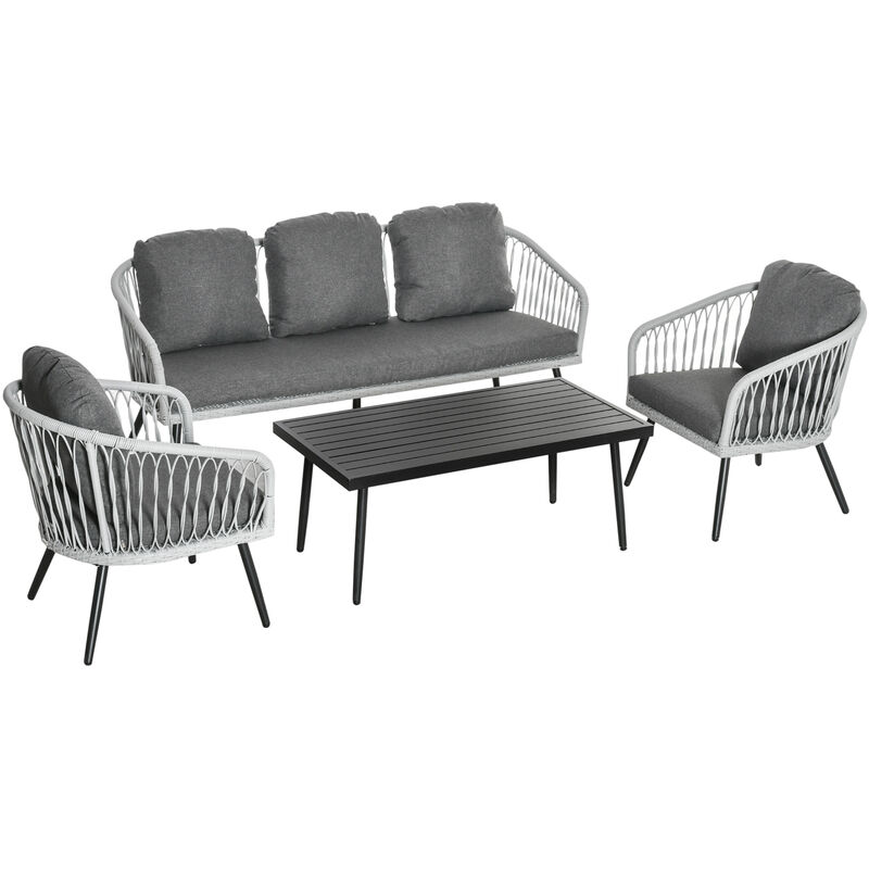 Conjunto de Muebles de Ratán para Jardín 4 Piezas Mesa de Café de Aluminio Sofá de 3 Plazas y 2 Sillones con Cojines para Terraza Exterior