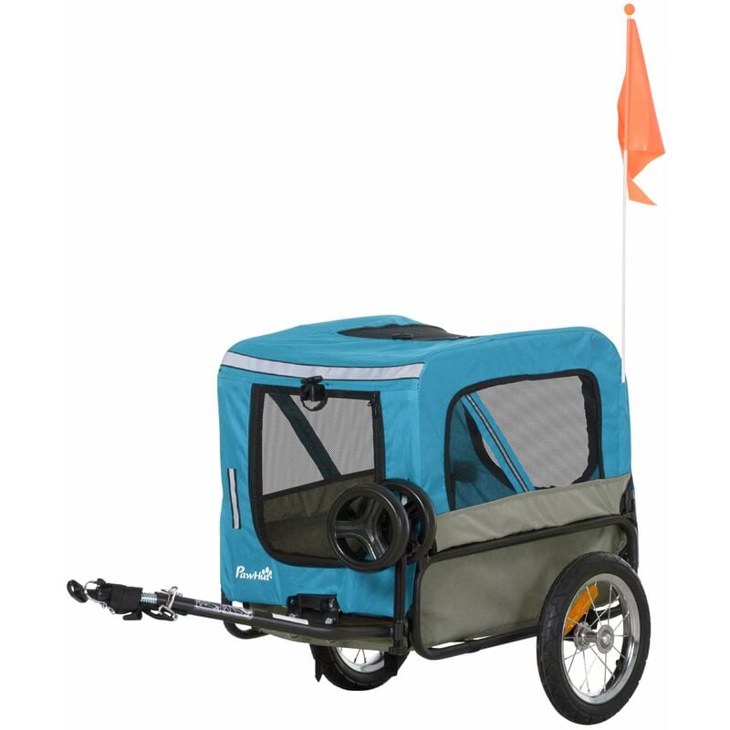 Remolque de Bicicleta para Perros 2 en 1 Carrito para Perros con Cinturón de Seguridad Mango de Empuje Extraíble Bandera Reflectores 129x55,5x92cm