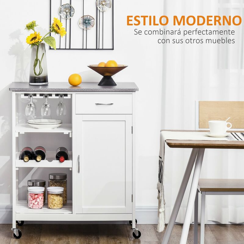 HOMCOM Carro de Cocina con Ruedas Carrito de Servicio con Cajón Botellero  para 4 Botellas Armario Balda Interior Ajustable y 2 Estantes Abiertos  92x40x84 cm Blanco