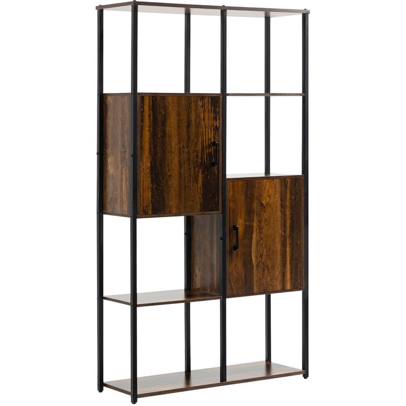 Estantería Librería Industrial de 4 Niveles Estantería de Madera con 6 Compartimientos 2 Armarios para Salón Oficina Estudio Antivuelco 90x30x159,5 cm