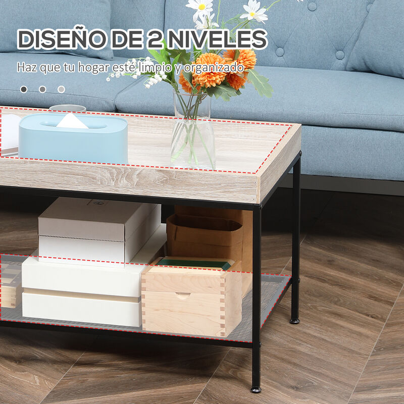 Mesa de centro para salón estante HOMCOM 116x60x48 cm natural y blanco