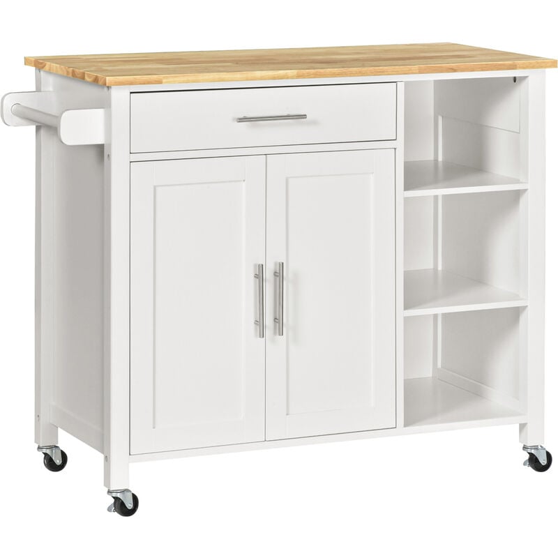 HOMCOM isla de cocina con ruedas mueble auxiliar de cocina con 1 cajón 2 puertas 3 estantes abiertos y barra lateral para comedor 107,5x48x89cm blanco