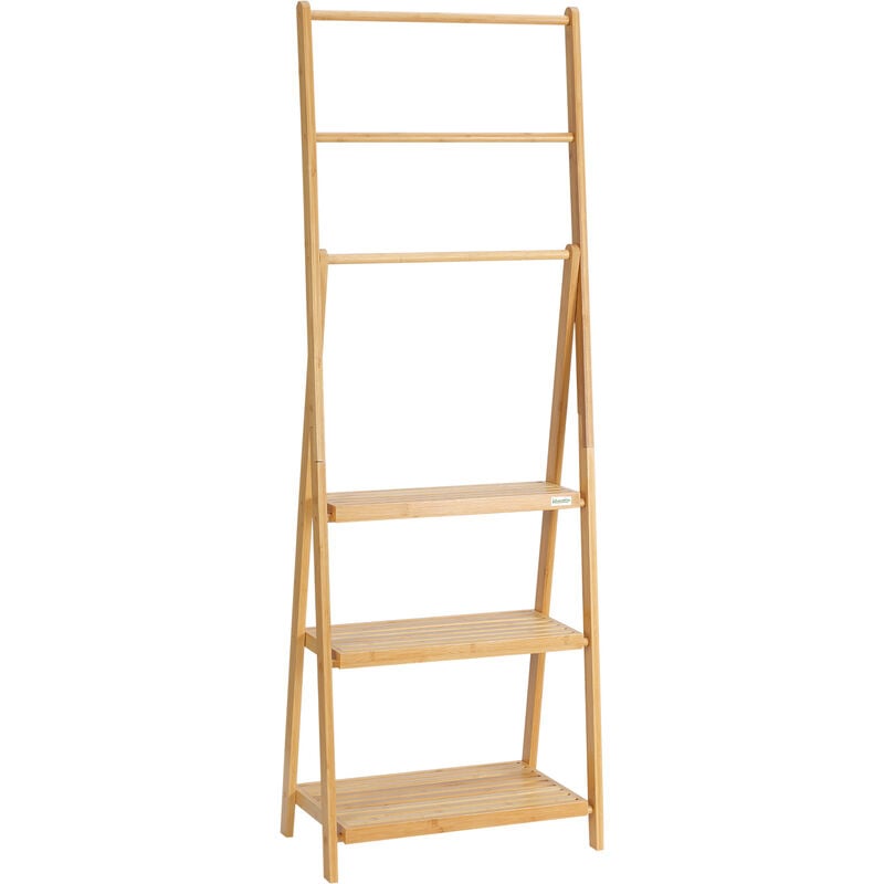 HOMCOM toallero de pie de bambú con 3 barras toallero escalera plegable con 3 etantes de almacenamiento para baño lavadero 53x30,5x152 cm natural