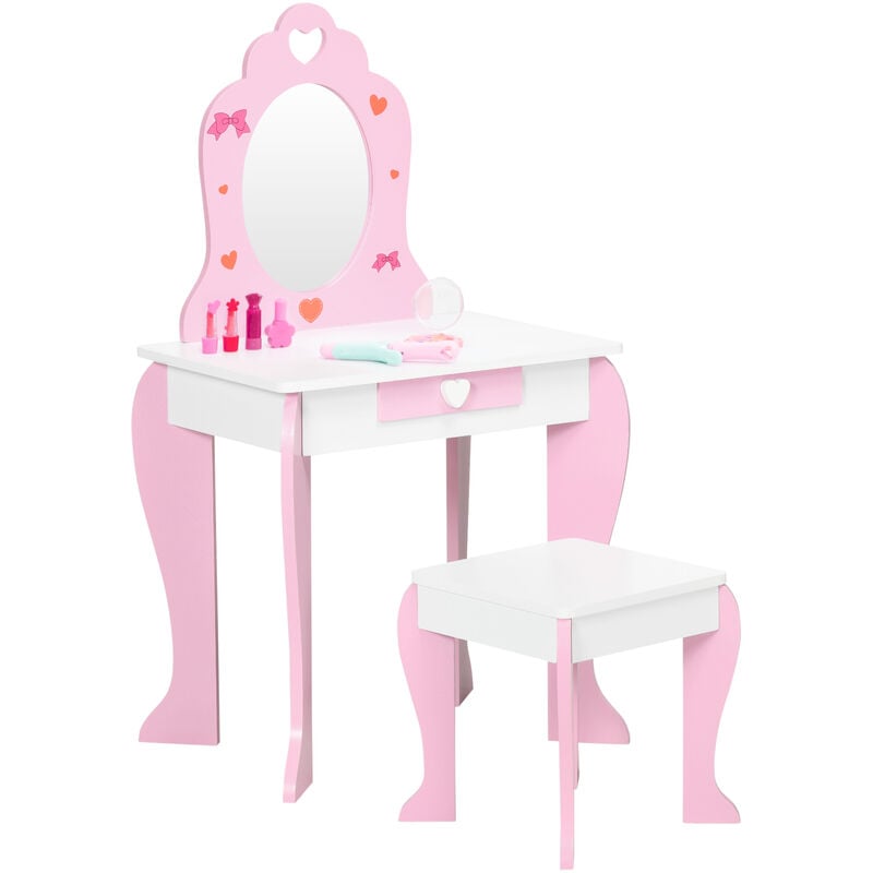 ZONEKIZ tocador infantil de madera tocador para niñas con taburete y espejo tocador de maquillaje para niñas de 3-6 años con cajón 50x36,5x89,5cm rosa