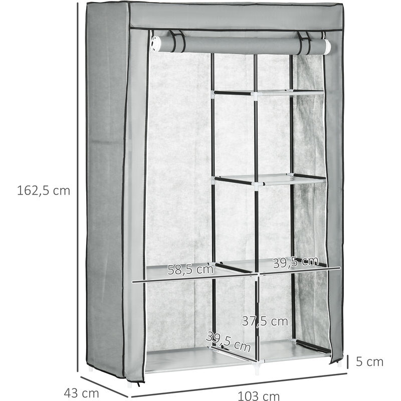 HOMCOM armario de tela plegable armario de ropa organizador ropero portátil  con 6 estantes y 1 barra para colgar para dormitorio 103x43x162,5 cm