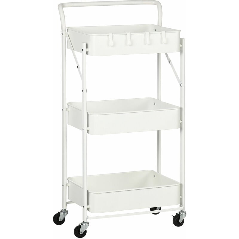 Homcom Carrito Auxiliar con ruedas plegable de acero almacenamiento 3 niveles 4 ganchos y cestas para baño 43x31x89