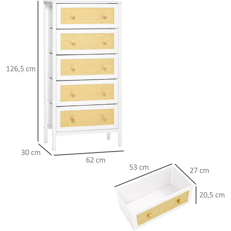 HOMCOM cómoda de dormitorio cajonera de estilo bohemio con 5 cajones de  tela plegable superficie de ratán PE y marco de acero para salón  62x30x126,5cm
