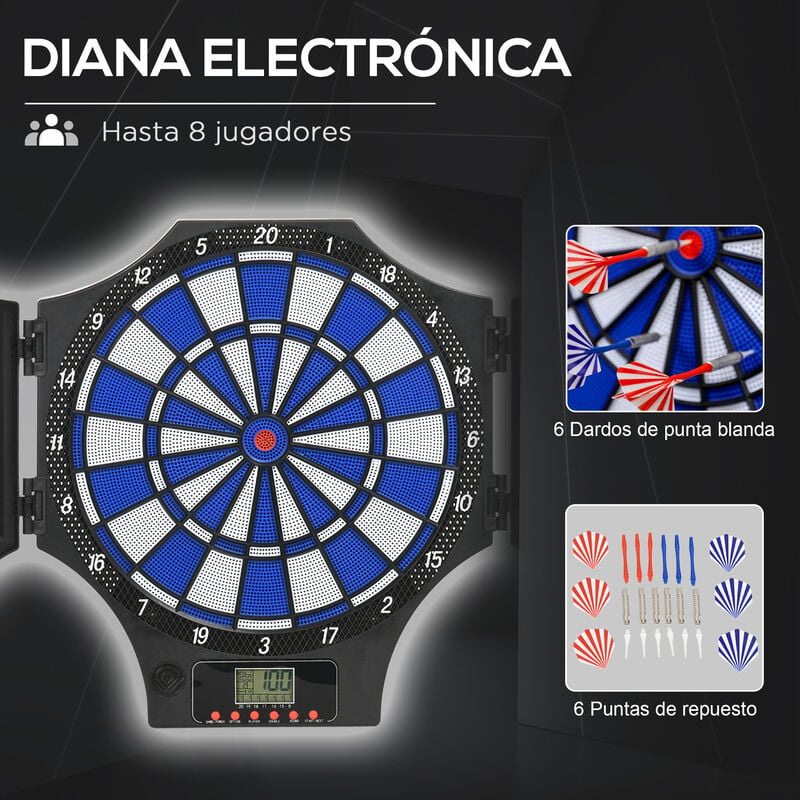 Diana Electrónica - HOMCOM 6 dardos, hasta 8 jugadores, pantalla LCD,  44x4.4x50 cm