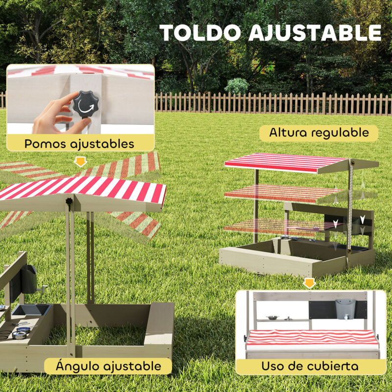Outsunny Arenero para Niños de Madera Arenero Infantil con Toldo Ajustable en Altura 2 Bancos y Respaldos Desmontables para Patio Jardín 106x106x115 cm Natural y Rayas Verdes