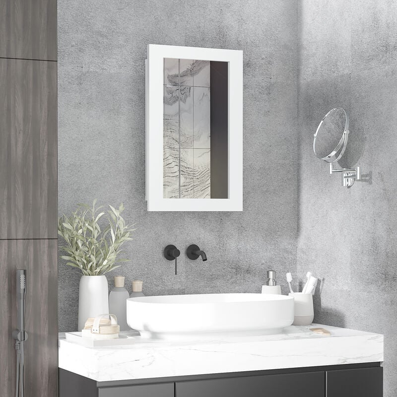 kleankin Armario de Baño con Espejo Mueble Colgante de Aseo con 4 Puertas y  3 Estantes Interiores 55x17,5x60 cm Blanco y Gris