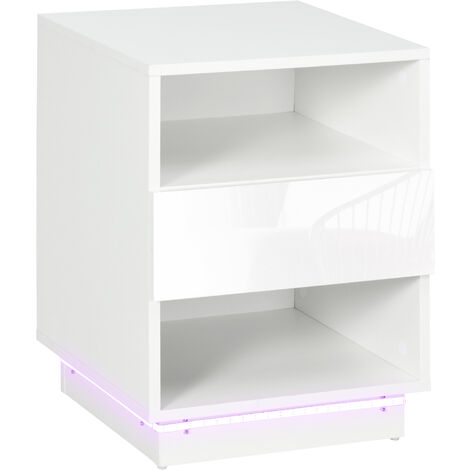 HOMCOM mesita de noche moderna con luz led mesilla de noche con mando a distancia cajón de alto brillo y 2 estantes para salón dormitorio 40x40x55 cm (1/5)