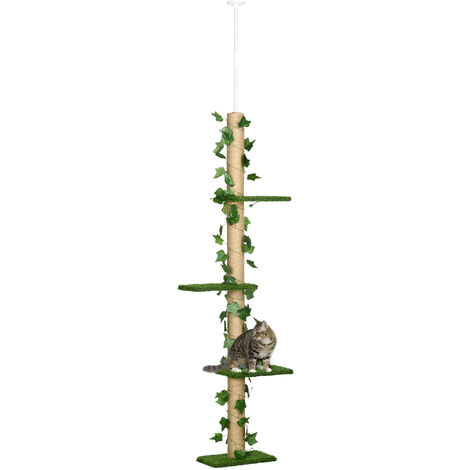PawHut árbol para gatos del suelo al techo 37x21x202-242 cm torre para gatos con altura ajustable 4 plataformas de césped artificial y poste de yute