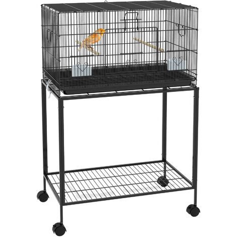 PawHut jaula para pájaros con ruedas 77x46x119 cm jaula metálica para aves con bandeja extraíble 2 perchas 2 comederos y estante de almacenamiento