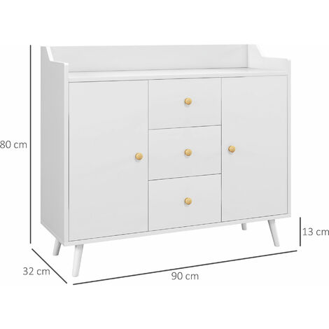 HOMCOM aparador de salón moderno aparador de cocina con 2 puertas 3 cajones y patas de madera de pino para comedor pasillo dormitorio 90x32x80 cm