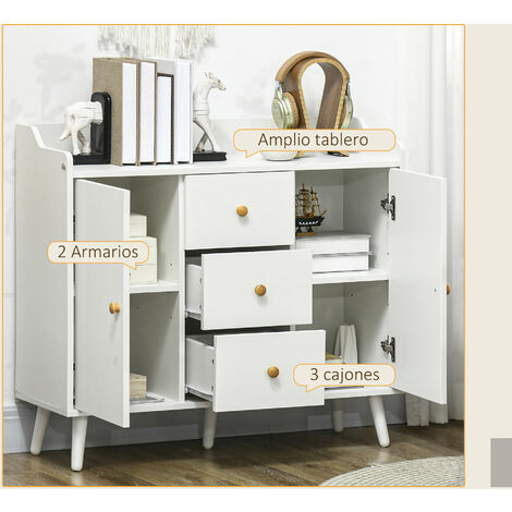 HOMCOM aparador de salón moderno aparador de cocina con 2 puertas 3 cajones y patas de madera de pino para comedor pasillo dormitorio 90x32x80 cm
