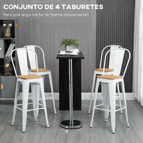HOMCOM juego de 4 taburetes altos de cocina apilables con respaldo alto taburetes de bar con reposapiés asiento de madera y marco de acero 44x48x117cm