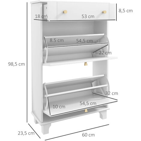HOMCOM mueble zapatero blanco zapatero estrecho con 2 puertas abatibles y 1 cajón para 8 pares de zapatos para entrada pasillo 60x23,5x98,5 cm