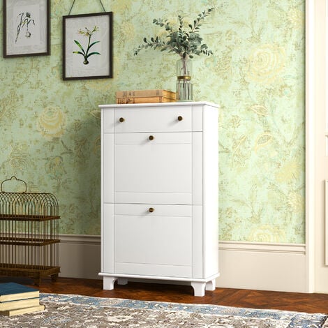 HOMCOM mueble zapatero blanco zapatero estrecho con 2 puertas abatibles y 1 cajón para 8 pares de zapatos para entrada pasillo 60x23,5x98,5 cm