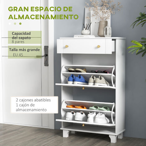 HOMCOM mueble zapatero blanco zapatero estrecho con 2 puertas abatibles y 1 cajón para 8 pares de zapatos para entrada pasillo 60x23,5x98,5 cm