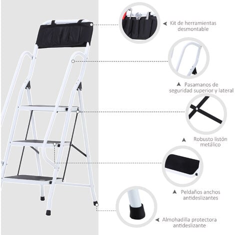 HOMCOM Escalera Plegable de 3 Peldaños Escalera de Tijera con Apoyabrazos y  Portaherramientas 51x66x131 cm Blanco y Negro