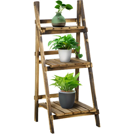 Outsunny soporte para plantas de madera de 3 niveles estantería para plantas plegable soporte para macetas para interior exterior 40x37x93 cm natural