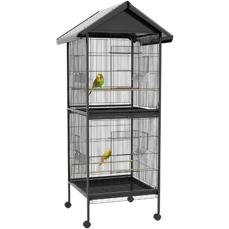 PawHut jaula para pájaros grande de 2 pisos convertible en sola pajarera con ruedas 4 comederos 4 perchas y bandejas extraíbles 78x75x168 cm