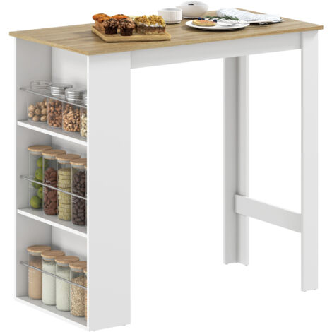 HOMCOM mesa de bar mesa de bistró mesa de comedor mesa alta con 3 estantes laterales y estructura de madera carga 50 kg 112x57x106 cm blanco