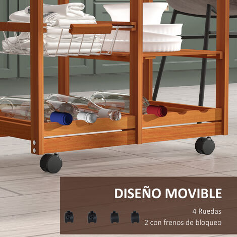 HOMCOM Carrito de Cocina con Ruedas Carro de Almacenamiento Multiuso con  Encimera de Bambú Cajón Cesta Metálica y Armario de 2 Puertas de Persiana  58x37x85,5 cm Blanco