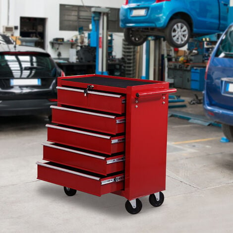 HomCom® Carro caja de herramientas metálico taller movil con 5 cajones 4  ruedas chapa de Acero Azul