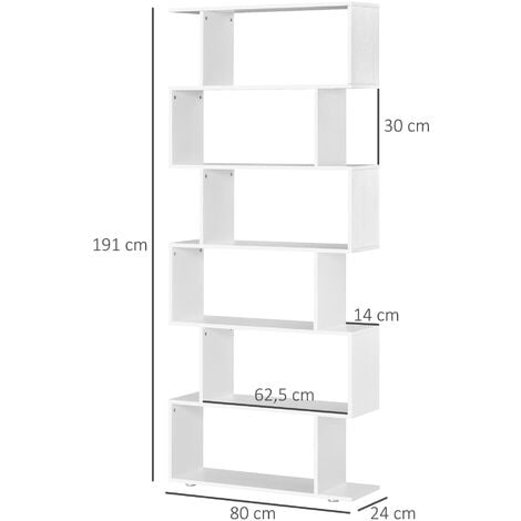 Estantería Librería 6 Estantes de Madera Forma S Estanteria 80x24x191cm Blanco