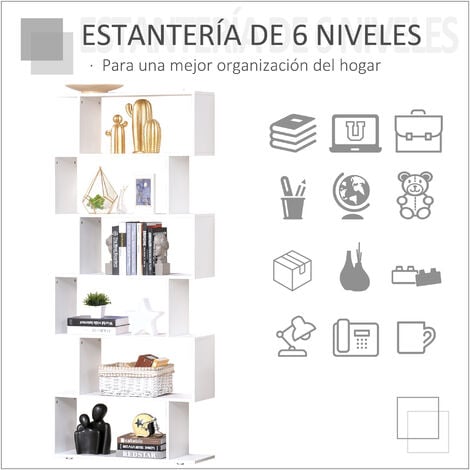 Estantería Librería 6 Estantes de Madera Forma S Estanteria 80x24x191cm Blanco
