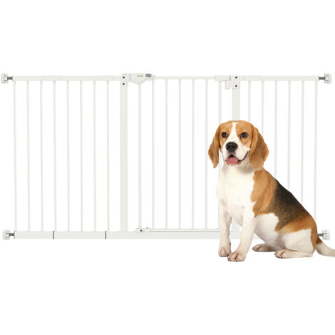 PawHut barrera de seguridad extensible para puertas y escaleras con cierre automático y sistema de doble bloqueo metal 74-147,5x76,2 cm