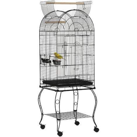 PawHut jaula para pájaros con soporte y ruedas jaula con Bandeja Extraíble Repisa y 2 Comederos para Canarios Loros Periquitos 51x51x153 cm Negro