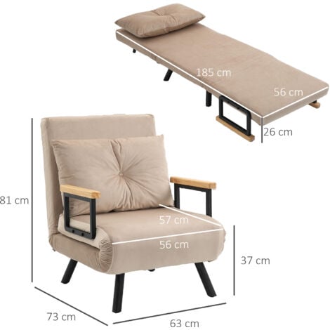 Sofá cama convertible sillón cama triple pliegue con respaldo ajustable de 5 niveles y almohada acolchada carga 120 kg 63x73x81 cm beige