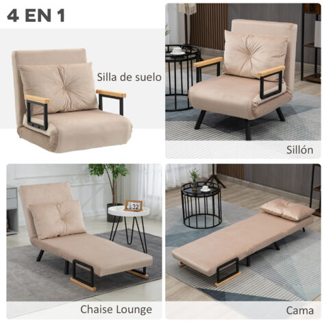 Sofá cama convertible sillón cama triple pliegue con respaldo ajustable de 5 niveles y almohada acolchada carga 120 kg 63x73x81 cm beige