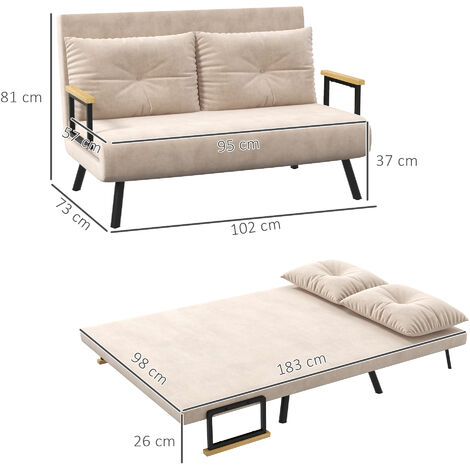 Sofá cama convertible triple pliegue sofá cama de 2 plazas plegable con respaldo ajustable de 5 niveles y 2 almohadas acolchadas 102x73x81 cm beige