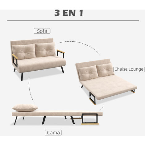 Sofá cama convertible triple pliegue sofá cama de 2 plazas plegable con respaldo ajustable de 5 niveles y 2 almohadas acolchadas 102x73x81 cm beige