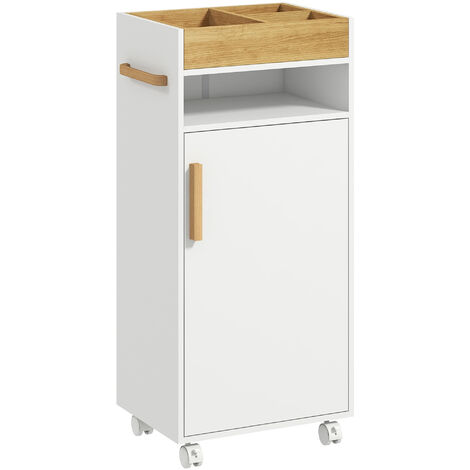 kleankin armario de baño moderno columna auxiliar de baño mueble de suelo de baño con estantes ajustables bandeja extraíble y ruedas 40x30x88 cm