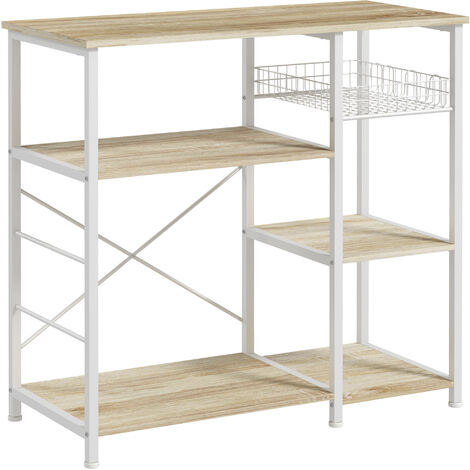 HOMCOM estantería de cocina moderna estante de cocina con 1 cesta 4 ganchos en S 6 almohadillas de pie ajustables y estantes 90x40x84,5 cm