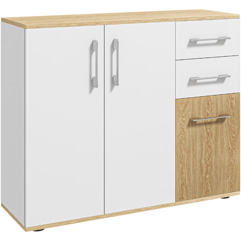 HOMCOM aparador de salón moderno aparador de cocina con 2 cajones 2 armarios y estantes ajustables para dormitorio comedor recibidor 90x30x75,5 cm