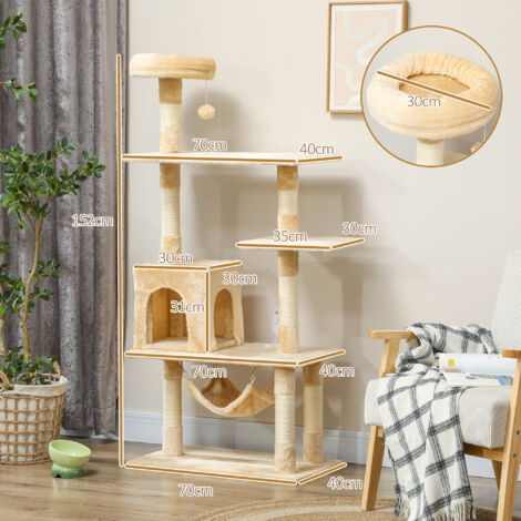 Árbol Rascador para Gatos Grande 70x40x152 cm con Múltiples Plataformas Juguete Colgante Cueva Espaciosa Hamaca Suave Postes Rascadores para Gatos