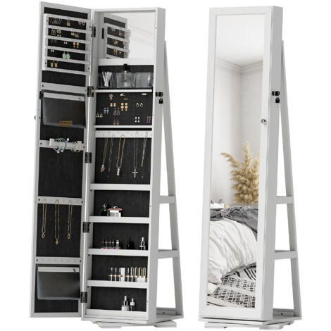 HOMCOM espejo joyero de pie giratorio 360° organizador de joyas con cerradura y espejo pequeño incorporado carga 20 kg 38x38x160 cm blanco veteado