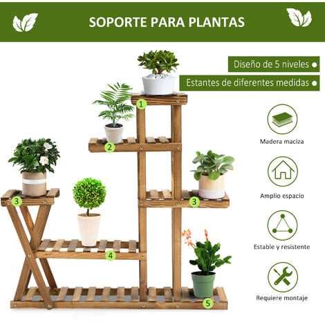 Outsunny Soporte para Plantas de 3 Niveles Estantería para Plantas Plegable  Soporte para Macetas de Madera 60x37x93 cm Natural