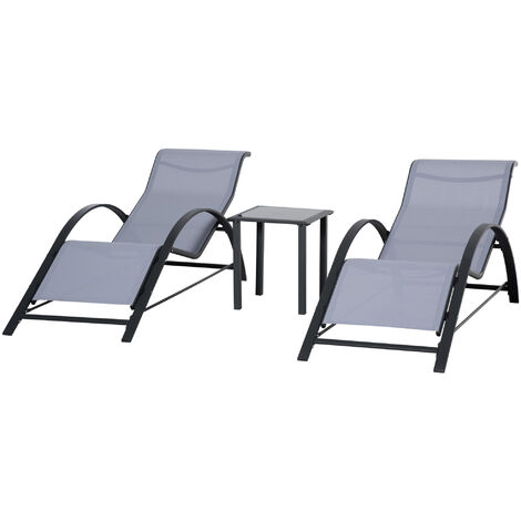 Outsunny 2 tumbonas de jardín 59x169x66 cm con mesa de café 41x41x45 cm de vidrio templado reposabrazos para patio piscina terraza aire libre gris