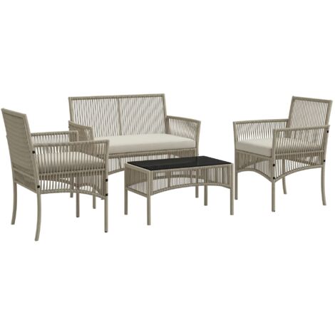 Conjunto de muebles de jardín de ratán muebles de terraza con 1 sofá de 2 plazas 2 sillones cojines y 1 mesa de centro de tablero de vidrio caqui (1/5)