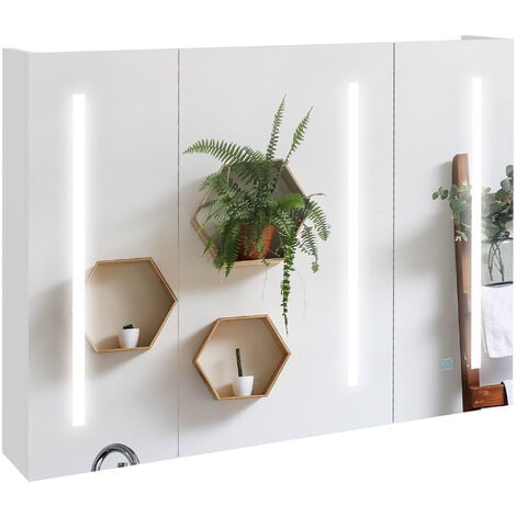 kleankin Armario con espejo de baño con luz LED armario de baño colgante  con puerta 4 estantes abiertos e interruptor táctil estilo moderno  60x15x65cm