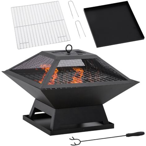 Outsunny brasero exterior de acero pozo de fuego para jardín multifuncional con protector de chispas y atizador para barbacoa hogueras 45x45x34 cm