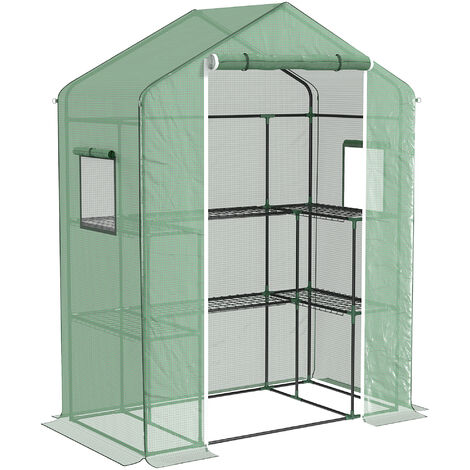Outsunny invernadero para jardín invernadero con 1 puerta 2 ventanas y estantes de 2 niveles en forma de U para cultivo de plantas 140x73x190 cm