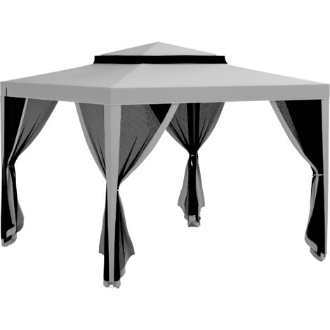 Carpa de jardín 3x3 m cenador desmontable de exterior con 4 mosquiteras laterales techo doble y marco metálico para terraza patio gris