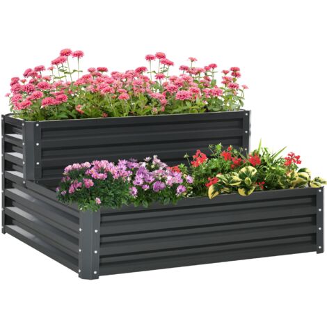 Outsunny huerto urbano de 2 niveles jardinera exterior de acero con diseño de escalera para cultivos plantas flores para terraza jardín 120x101x58 cm